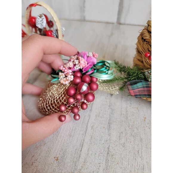 Vintage heart basket pinecone cranberry ornament Xmas set - Picture 8 of 10